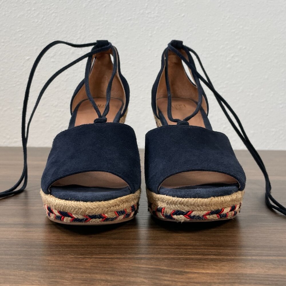 Cabi Wrap Lace-Up Blue Suede Leather Espadrille Aztec Wedge Heel Women's 5M - Picture 5 of 15